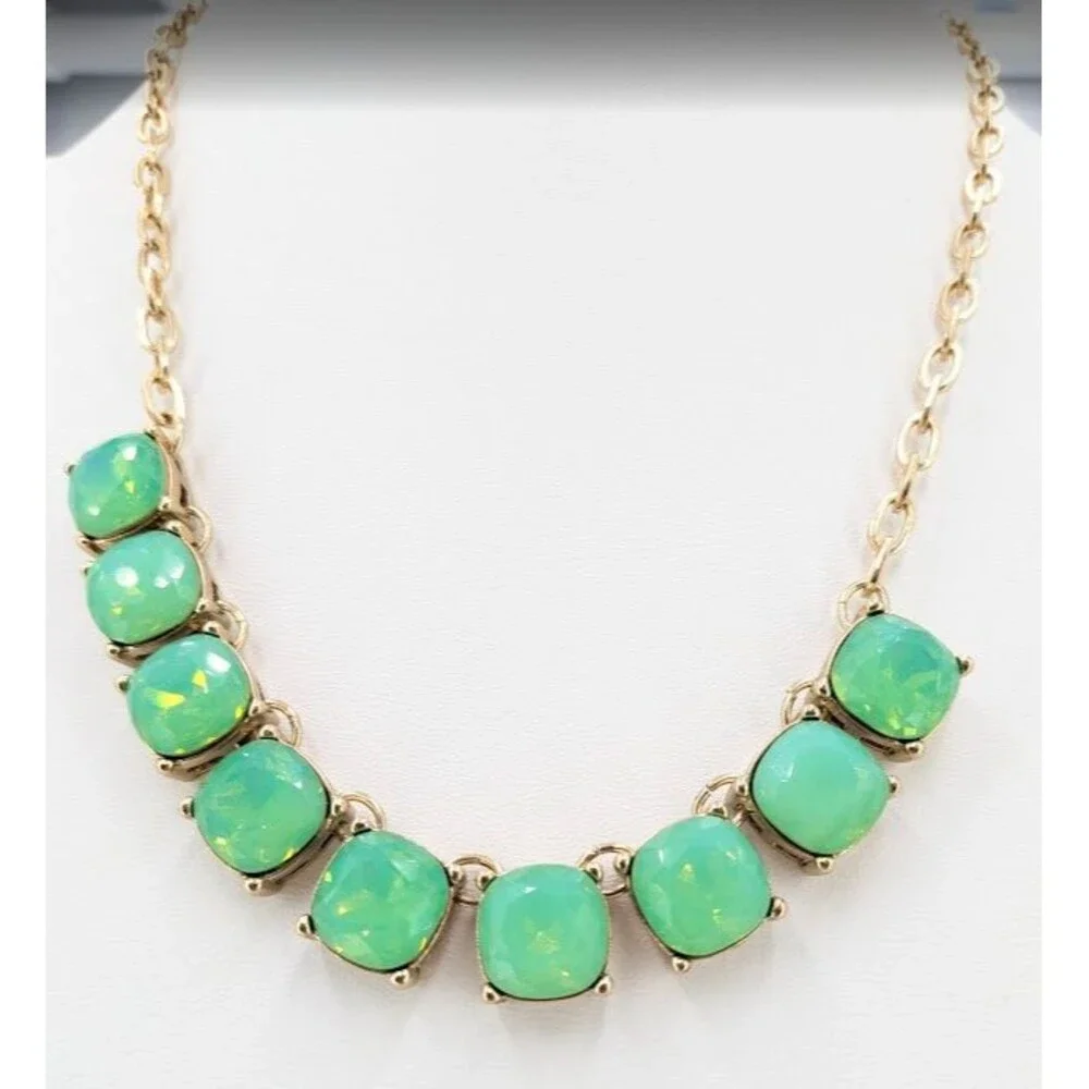 Express Aqua Opalescent Statement Necklace Gold Tone Green Faceted 9 Stone Bib
